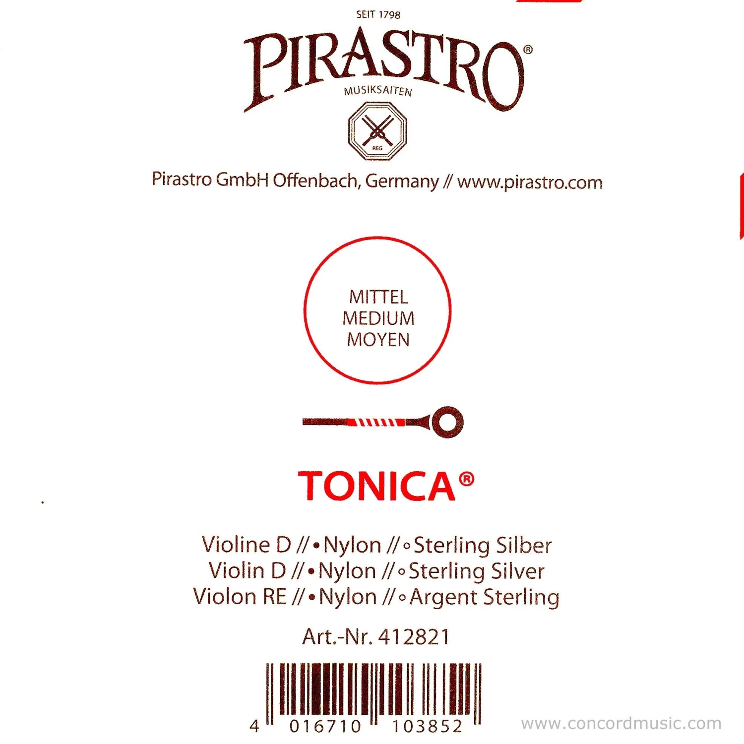 Pirastro Violin Strings Tonica Silver D Violin String - Premium Quality for Small Size Violins 4 Pirastro Violin Strings Tonica Silver D Violin String